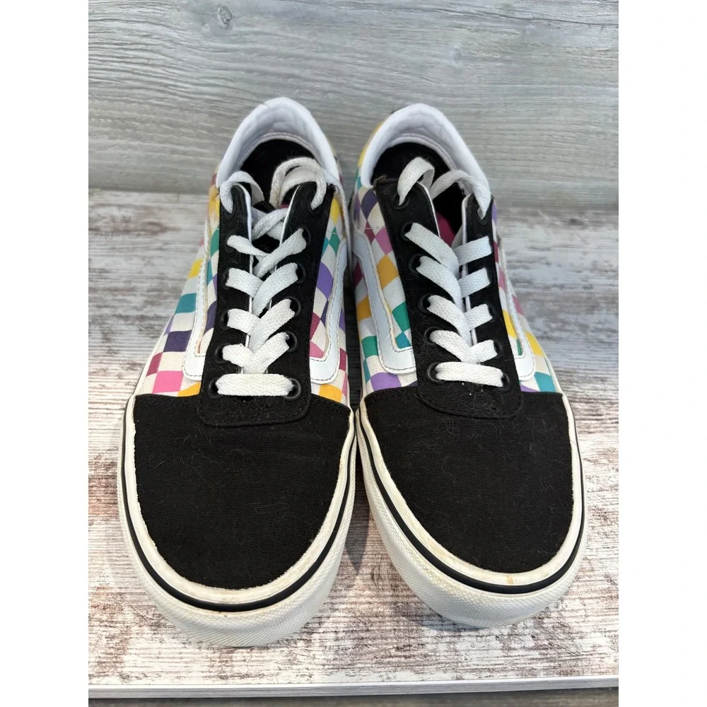 Vans Old Skool Low Top Sneakers Rainbow Checkerboard Black White Lace Up Youth 7